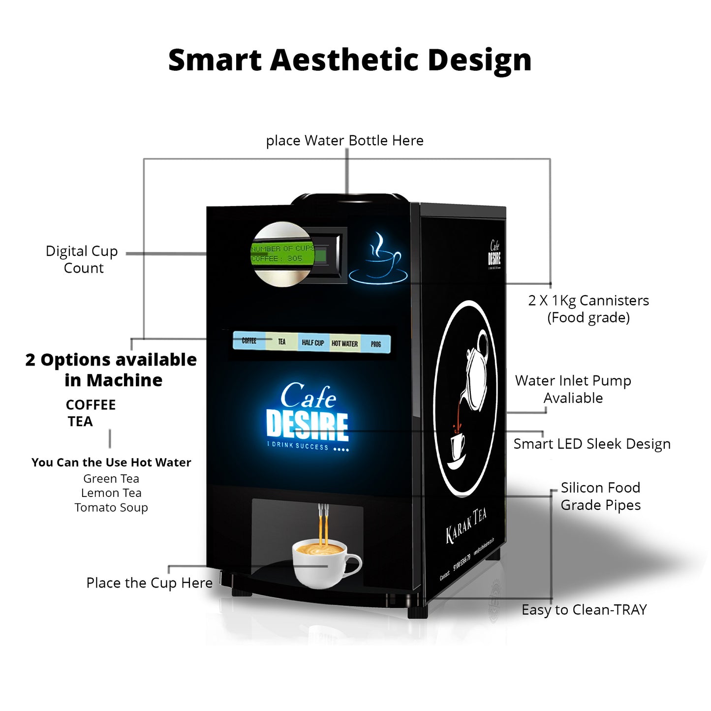 Cafe Desire 2 Lane Coffee and Tea Vending Machine (LED Lighting) |  Fully Automatic | Makes 2 Varieties with Premix | No Milk Needed | For Offices, Shops, Smart Homes