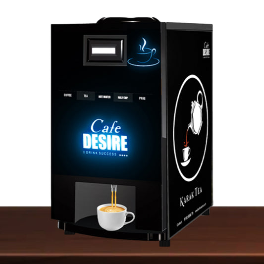 Cafe Desire 2 Lane Coffee and Tea Vending Machine (LED Lighting) |  Fully Automatic | Makes 2 Varieties with Premix | No Milk Needed | For Offices, Shops, Smart Homes