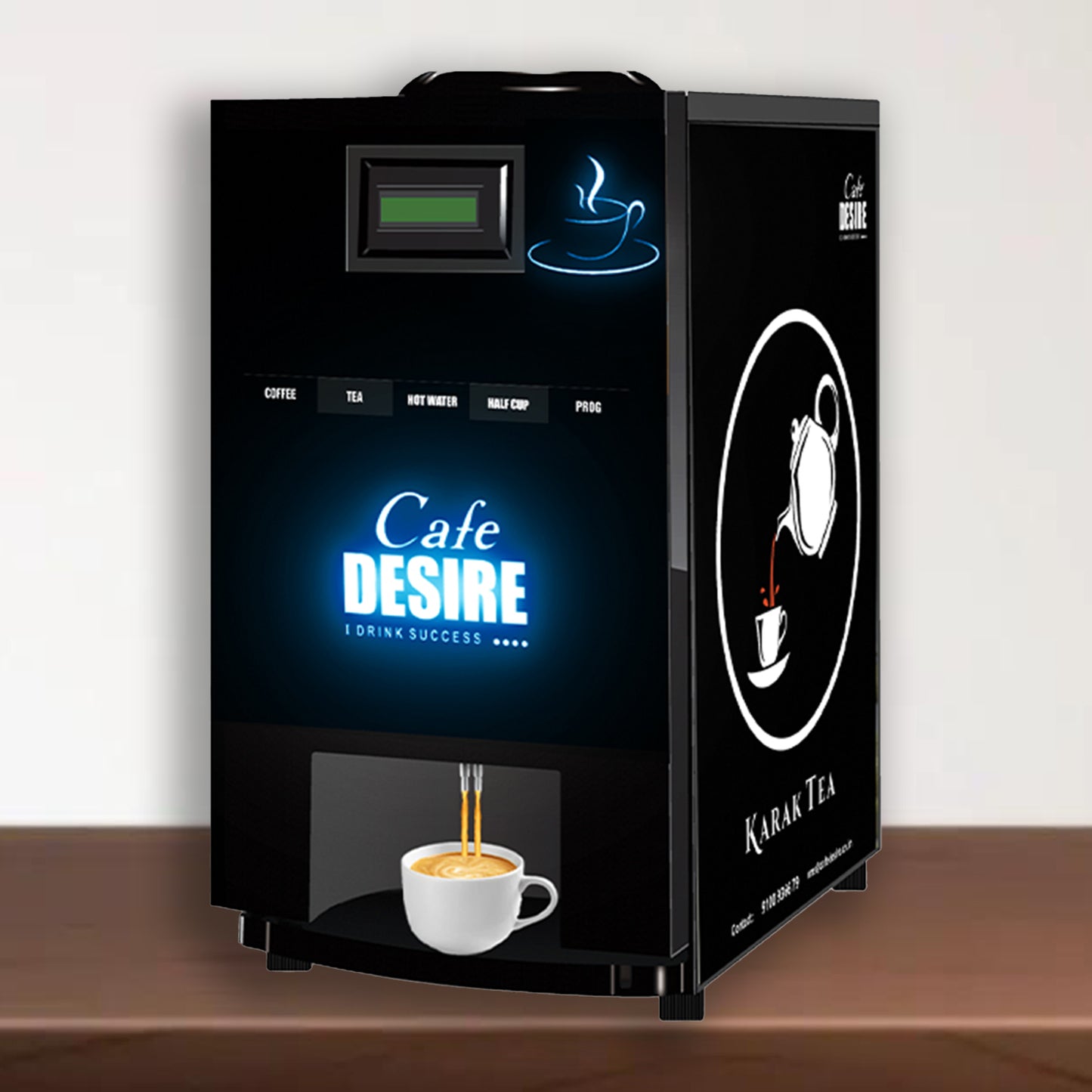 Cafe Desire 2 Lane Coffee and Tea Vending Machine (LED Lighting) |  Fully Automatic | Makes 2 Varieties with Premix | No Milk Needed | For Offices, Shops, Smart Homes