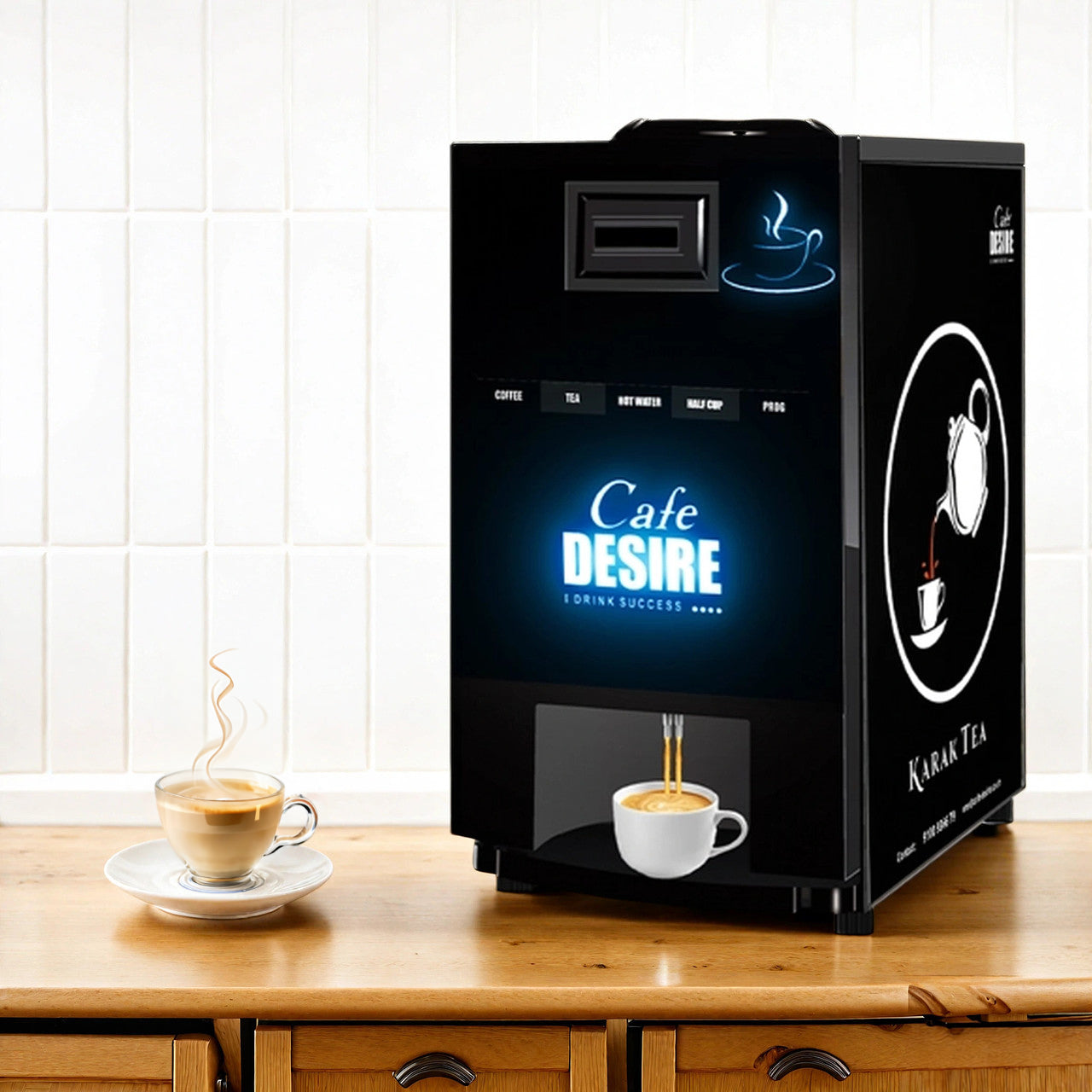 Cafe Desire 2 Lane Coffee and Tea Vending Machine (LED Lighting) |  Fully Automatic | Makes 2 Varieties with Premix | No Milk Needed | For Offices, Shops, Smart Homes