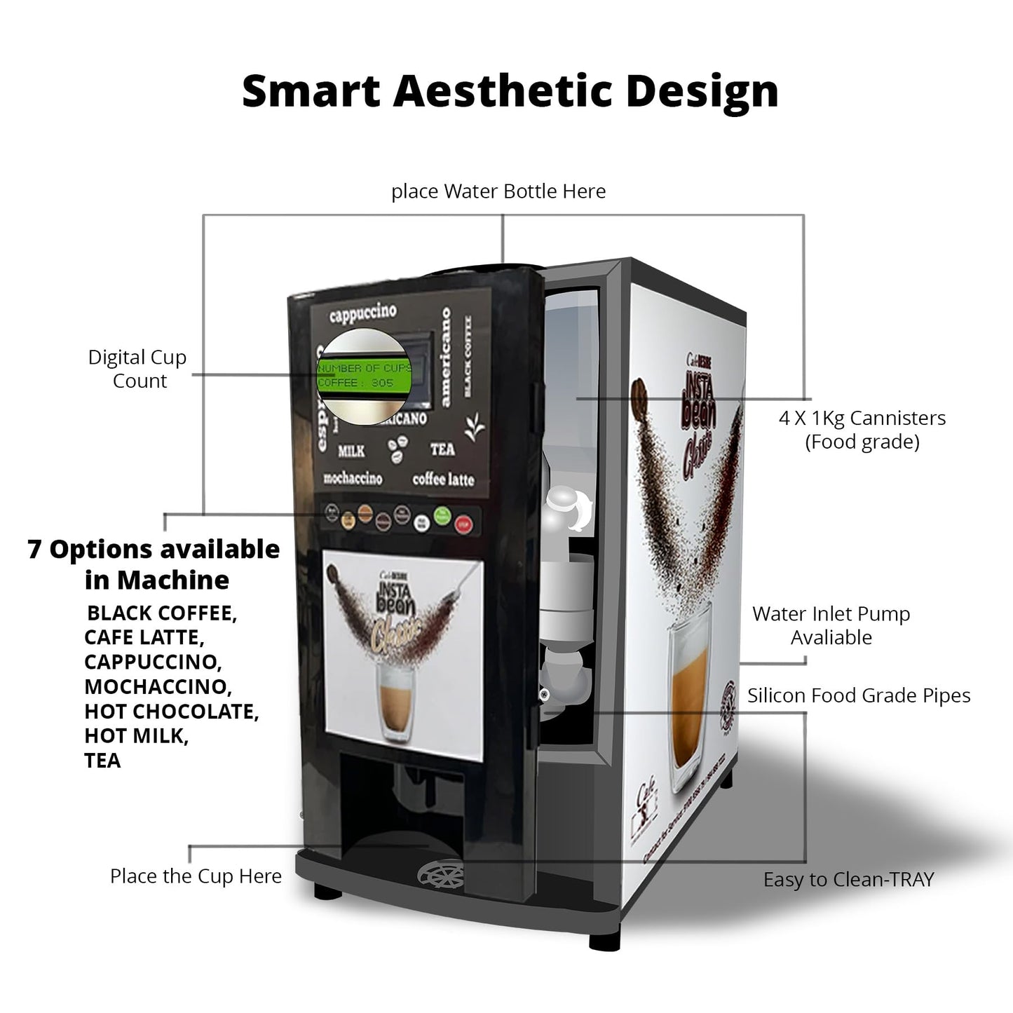 Insta Bean Classic Coffee Vending Machine | 8 Options | Espresso Black Coffee, Coffee Latte, Cappuccino, Mochaccino, Hot Chocolate, Hot Milk, Instant Tea, Instant Coffee | For Smart Offices, Shops, Hotels, Restaurants and Home