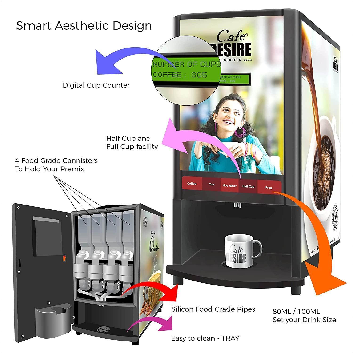 Coffee Machine 4 Lane Multi Water Inlet Coffee and Tea Vending Machine | Bubble Top, Water Pump and RO Direct Water Input | Four Beverage Options | For Offices, Shops and Smart Homes | Make 4 Varieties of Coffee Tea with Premix - cafedesireonline.com