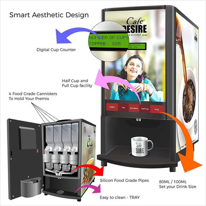 Coffee Machine 4 Lane Multi Water Inlet Coffee and Tea Vending Machine | Bubble Top, Water Pump and RO Direct Water Input | Four Beverage Options | For Offices, Shops and Smart Homes | Make 4 Varieties of Coffee Tea with Premix - cafedesireonline.com