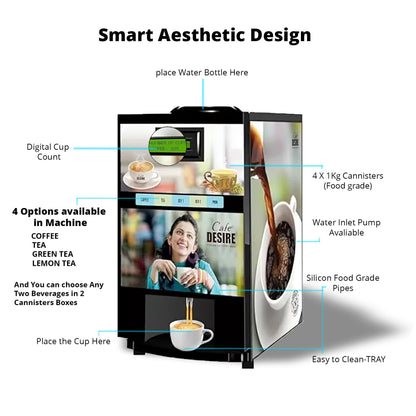 Cafe Desire I Drink Success 4 Lane Coffee and Tea Vending Machine |  Fully Automatic | Makes 4 Varieties with Premix | No Milk Needed | For Offices, Shops, Smart Homes