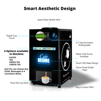 Cafe Desire 4 Lane LED Coffee and Tea Vending Machine |  Fully Automatic | Makes 4 Varieties with Premix | No Milk Needed | For Offices, Shops, Smart Homes