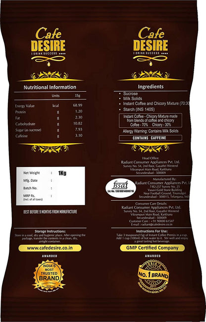 Instant Coffee Premix (1 Kg) - Premium Blend | 3 in 1 Coffee | Milk not required | Rich Taste as home-made | Manual use - Just add Hot Water | Suitable for all Vending Machines | Makes 90 cups per KG | GMP Certified - Cafe Desire Cafe Desire My Cafe Desire Coffee Premix Instant Coffee Premix (1 Kg) - Premium Blend | 3 in 1 Coffee | Milk not required | Rich Taste as home-made | Manual use - Just add Hot Water | Suitable for all Vending Machines | Makes 90 cups per KG | GMP Certified