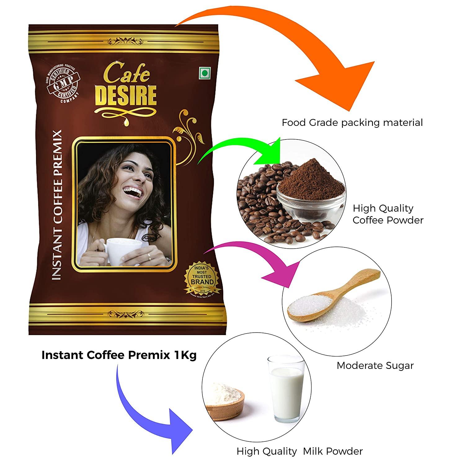 Instant Coffee Premix (1 Kg) - Premium Blend | 3 in 1 Coffee | Milk not required | Rich Taste as home-made | Manual use - Just add Hot Water | Suitable for all Vending Machines | Makes 90 cups per KG | GMP Certified - Cafe Desire Cafe Desire My Cafe Desire Coffee Premix Instant Coffee Premix (1 Kg) - Premium Blend | 3 in 1 Coffee | Milk not required | Rich Taste as home-made | Manual use - Just add Hot Water | Suitable for all Vending Machines | Makes 90 cups per KG | GMP Certified