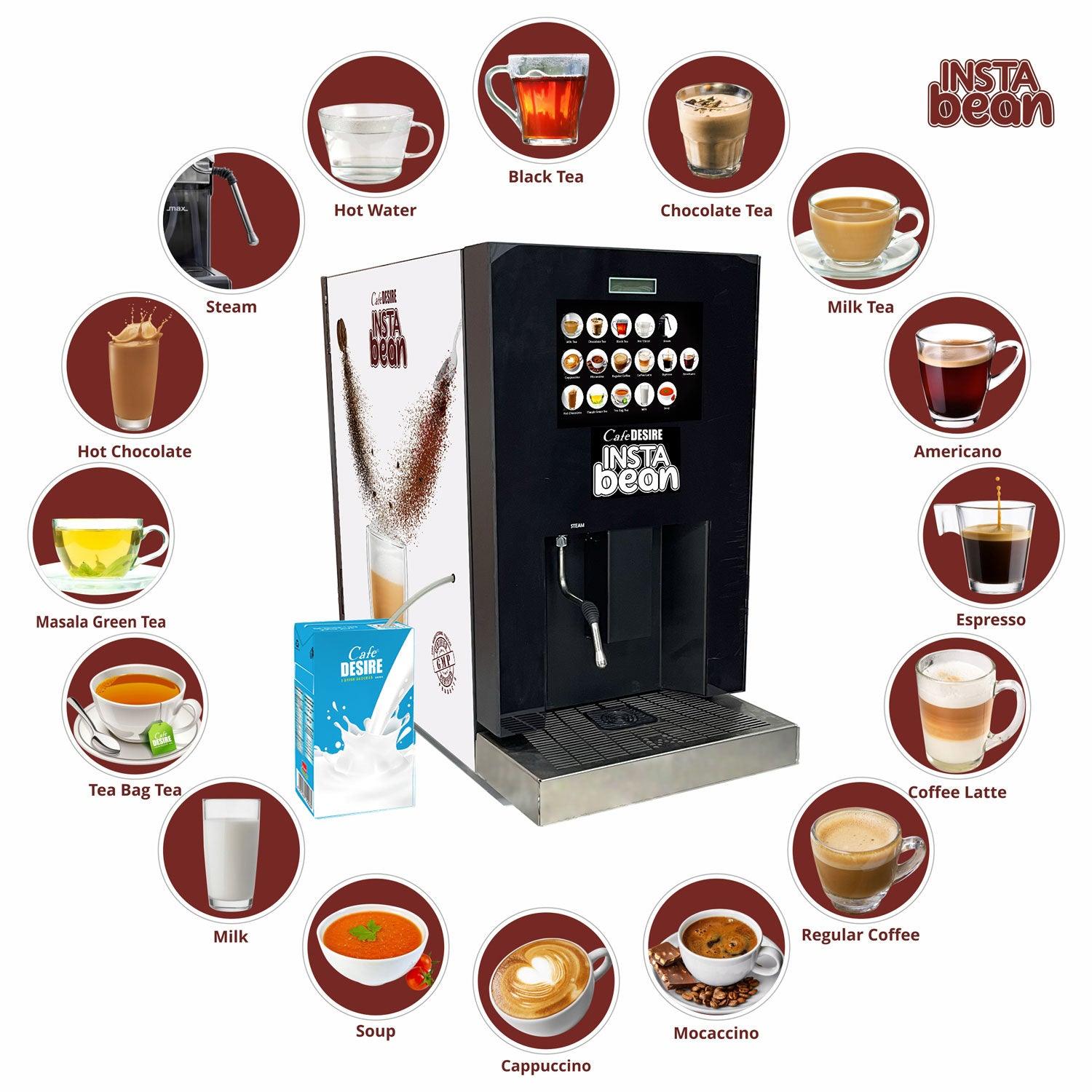 Insta Bean Coffee Vending Machine | Made with Fresh Milk | 16 Options | Lowest cost | Zero Maintenance - Cafe Desire Cafe Desire Cafe Desire Insta Bean Coffee Vending Machine | Made with Fresh Milk | 16 Options | Lowest cost | Zero Maintenance