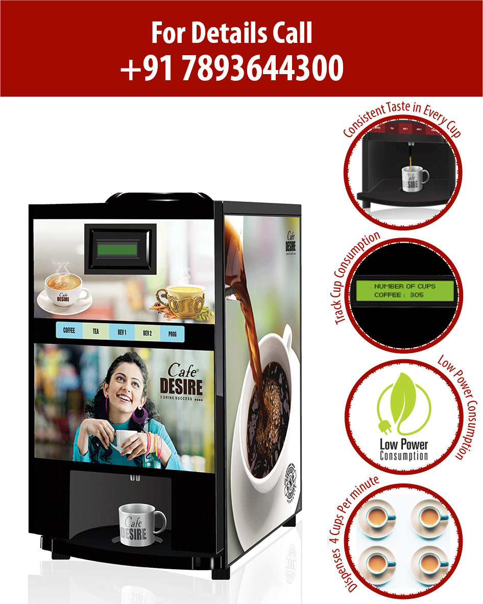 Cafe Desire I Drink Success 4 Lane Coffee and Tea Vending Machine | Fully Automatic | Makes 4 Varieties with Premix | No Milk Needed | For Offices, Shops, Smart Homes